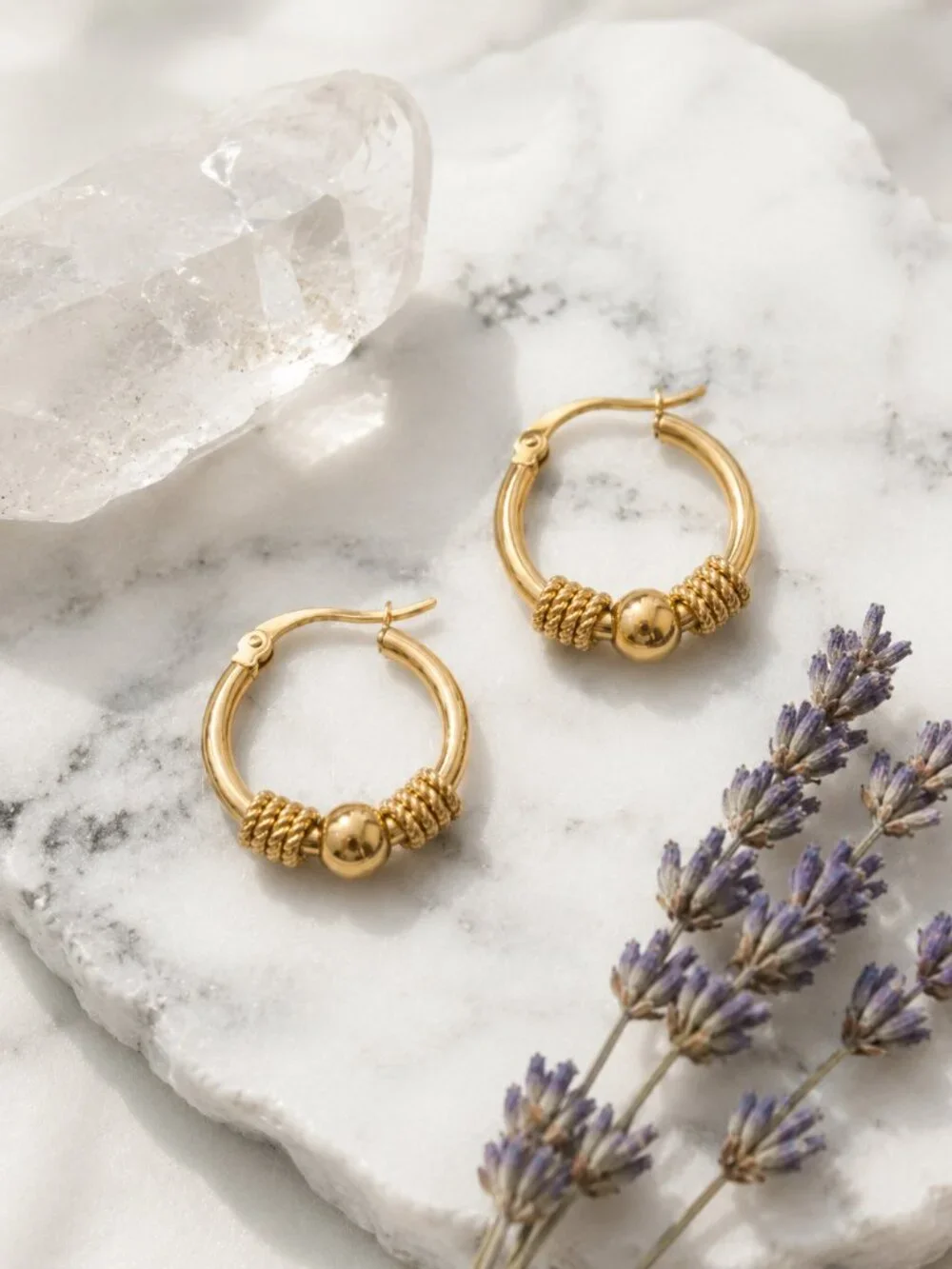 18K Gold Plated Rope Knot Ball Bead Hoop Earrings SS Boho Chic Minimalist 0.9